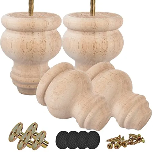 Btowin 8cm Unfinished Holz Möbelfüße, 4 Stück Unlackiert Round Spindel Massivholz Tischbeine Kugelfüße mit M8 Bolzen & Montageplatten & Schrauben für Sofa Couch Bett Ottomane TV-Ständer