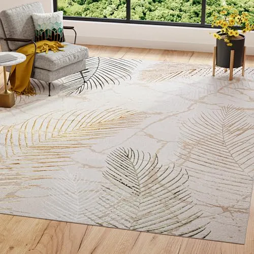 TAPISO Golden Teppich 120 x 170 cm – Luxuriöser Kurzflor in Creme, Gold und Grün - Der TAPISO GOLDEN Teppich vereint modernen Stil mit Komfort. Ideal für Wohnzimmer oder Schlafzimmer, sorgt er für Wärme und eine angenehme Raumatmosphäre. Pflegeleicht und geeignet für Fußbodenheizung.