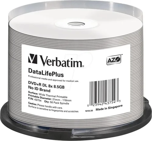 Verbatim DataLifePlus Professional DVD+R DL 50er Spindel - Rohlinge mit 8.5 GB Speicher, 8x Schreibgeschwindigkeit und breiter Thermodruckfläche für optimale Druckergebnisse.
