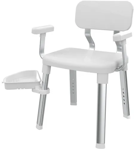 Dusch- und Badhocker BISCHOF, weiß - Behinderten-Bedarf, ergonomisch geformt und höhenverstellbar, ideal für Senioren und bewegungseingeschränkte Personen, mit schwenkbarer Ablage für zusätzlichen Komfort.