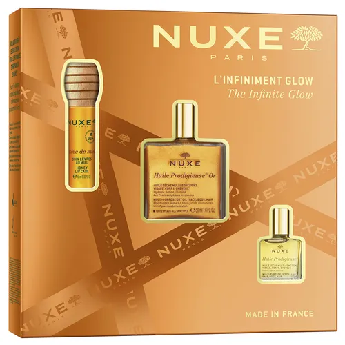 NUXE Huile Prodigieuse Or Glow Geschenkset - Ganzkörperpflege mit luxuriösem Glow-Effekt, enthält 50 ml NUXE Huile Prodigieuse Or für strahlende Haut und Haare, plus Lippenpflegel für ein perfektes Wohlfühlerlebnis.