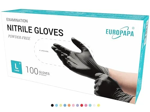 EUROPAPA® 100x Nitrilhandschuhe Box Einweghandschuhe, Einmalhandschuhe, Untersuchungshandschuhe, Nitril Handschuhe, puderfrei, ohne Latex, unsteril, latexfrei, disposible gloves (L, Schwarz)
