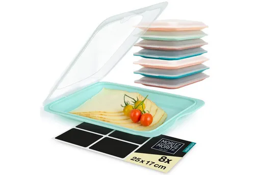 Moritz & Moritz 8er Set Aufschnittboxen - Stapelbare Frischhaltedosen für Wurst und Käse - Praktisches 8er Set Aufschnittboxen für hygienische und platzsparende Aufbewahrung. In verschiedenen Farben, inklusive Tafelstickern zum Beschriften. Hochwertige Verarbeitung für langlebige Nutzung.