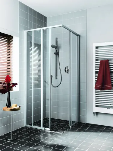 Kermi Ibiza 2000 Eckeinstieg mit Gleittür - Eckeinstieg Halbteil 2-teilig mit bodenfreier Gleittür aus Klarglas, KermiClean-Beschichtung für einfache Reinigung und elegantes Design in Silber Mattglanz.