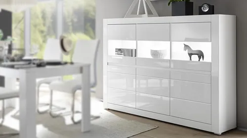 Highboard Carat - Modernes Sideboard in Weiß Hochglanz und Beton Grau - Kategorie: Anrichten & Buffets, modernes Design mit praktischen Türen und großzügigem Stauraum, ideal für Ess- und Wohnzimmer.