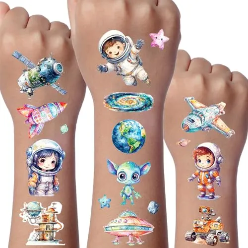 Weltraum Glitzer Tattoo Set Kinder, 12 Blätter Glitzer Tattoo Jungen Mädchen, Weltraum Tattoos Deko Kindergeburtstag, Geburtstag Party Geschenk Dekorationen, Hautfreundliche Temporäre Kinder
