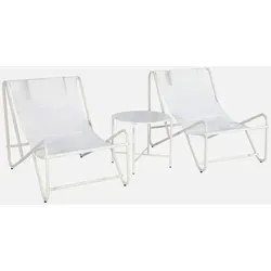 sweeek - Set aus 2 Liegesesseln mit rundem Tisch - Beige - Kompakte Gartensitzgruppe mit 2 bequemen Liegesesseln und elegantem Tisch aus Stahl. Ideal für entspannte Momente zu zweit auf Balkon oder Terrasse. Perfekt für Snacks und Getränke!
