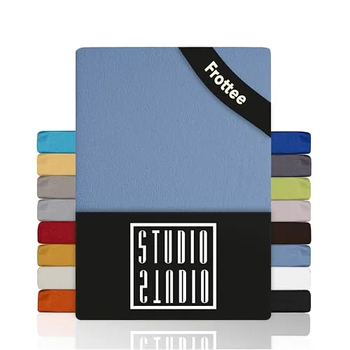 STUDIO Basic Frottee Spannbettlaken 90x200cm – weiches Frottee-Spannbetttuch aus 80 % Baumwolle & 20 % Polyester – Mittelblau – Öko-Tex Zertifiziert, bügelfrei & elastisch – für Matratzen 15–25cm