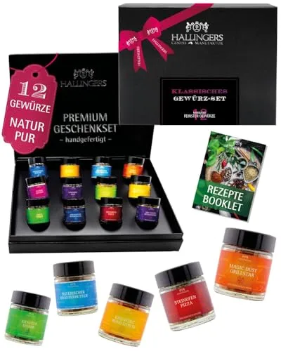 Hallingers Genuss Manufaktur Gewürze Geschenkset – 12 Premium Gewürze im Glas, edle Geschenkbox zum Kochen & Grillen, Gewürz-Set "Klassiker No. 1", Geschenkidee für Männer, Geburtstag & Weihnachten