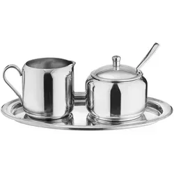 BUTLERS Milch- und Zucker-Set RITZ - 5-teiliges Edelstahl-Set mit Tablett - Elegantes 5-teiliges Set für die perfekte Kaffeetafel: Milchkännchen und Zuckerdose mit Löffel und Tablett, aus hochwertigem Edelstahl, spülmaschinengeeignet und ideal für Zuhause oder Gastronomie.