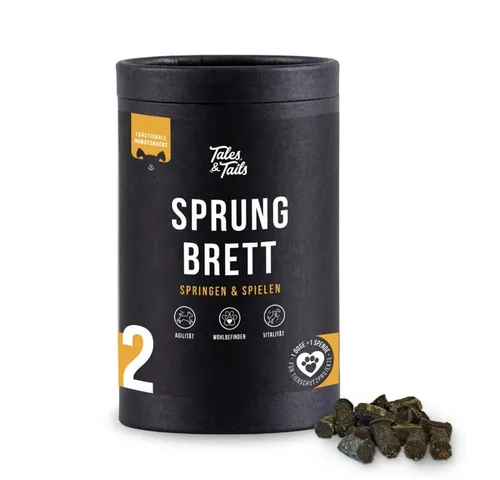 Tales & Tails Sprungbrett - Funktionaler Hundesnack für Hunde - Leckerli für Hunde mit saftigem Lamm und hochwertigen Zutaten wie Kollagen und Bierhefe. Ideal zur täglichen Belohnung und unterstützt eine ausgewogene Ernährung. Ein Teil des Erlöses geht an Tierschutzprojekte!