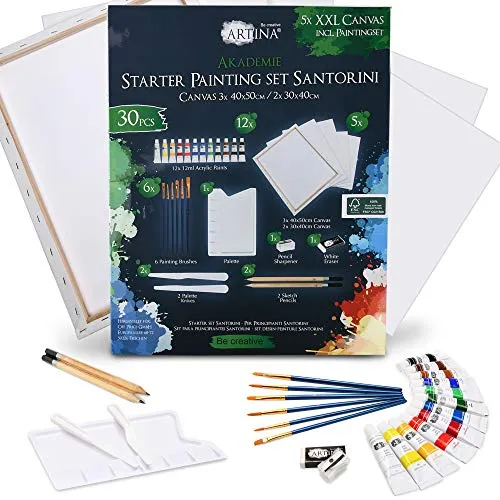 Artina 30tlg Keilrahmen & Acrylfarben Set Santorini – Malset Acryl Keilrahmen 40x50cm & 30x40cm, 12x12ml Acrylfarbe, Pinselset & UVM – Mal Set Erwachsene & Zeichenset für Hobbykünstler zum Malen