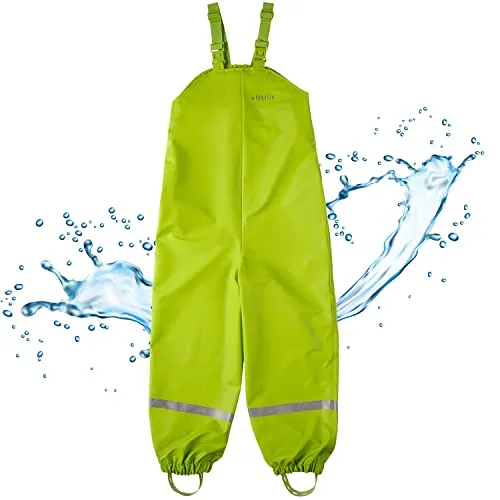 BMS Regenhose Buddelhose Matschhose für Kinder in Limette Größe 98 - Schneehosen für Jungen, 100% wasserdicht mit verschweißten Nähten und reflektierenden Streifen für optimale Sichtbarkeit beim Spielen im Freien.