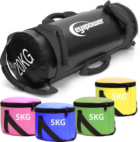 EYEPOWER 20kg Power Bag mit 4 Kettlebell Gewichten - Heimtrainingssysteme mit 20kg Power Bag und 4 Kettlebell Gewichten. Ideal für ganzkörperliches Training, vielseitig einsetzbar und mit 6 rutschfesten Griffen für optimalen Halt.