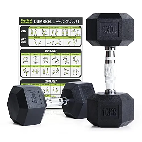 PhysKcal Hexagon Hanteln Poly-Gummierte |10 kg Paar (2 Stück) | Rutschsicher Ummantelt | Ergonomische Verchromte Griffe | Kurzhantel-Set | Dumbbells Set