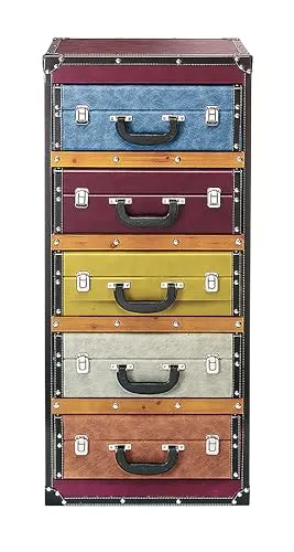 Kobolo Kommode in Kofferoptik - Bunt - 5 Fächer - Stylische Kommode im Retro-Look mit 5 Fächern, ideal als Blickfang im Esszimmer oder Flur. Einfache Handhabung durch Schubladen auf Eisenschienen. Maße: 42x30x94 cm, sofort einsatzbereit!