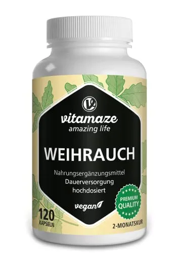 Weihrauch 900 mg hochdosiert vegan Kapseln - Arzneimittel mit 900 mg hochdosiertem Weihrauch pro Tagesdosis, unterstützt die Gesundheit und ist vegan. 120 Kapseln für 2 Monate ohne unnötige Zusatzstoffe.