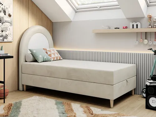 NEST Kinderbett Boxspringbett 90x180cm Beige mit Matratze - Praktisches Einzelbett mit abgerundeter Kopfstütze und Bettkasten. Ausgestattet mit einer 7-Zonen-Taschenfederkernmatratze für optimalen Schlafkomfort. Ideal für Kinderzimmer!