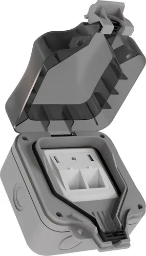 Outdoor Netzwerkdose Set mit 2 Dosen und 4x Keystone Cat 6a - Kabeladapter für Außenbereich, wetterfestes Design mit IP66 für optimalen Schutz und flexible Installation in Garten, Garage oder Dachboden.