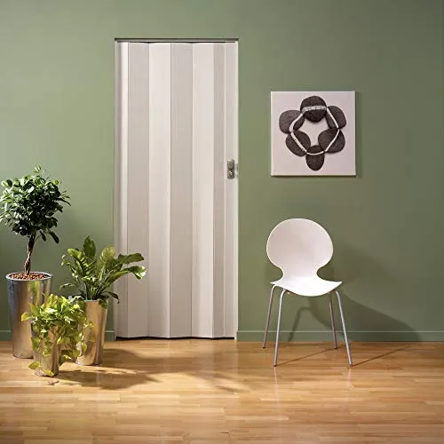 Grosfillex Falttür Spacy Esche-weiss-Dekor - Moderne Falttür für Innenräume, platzsparend und abschließbar. Ideal für Standardrahmen 84 x 205 cm, wasserresistent und leicht zu reinigen. Erweiterbar auf 2-flügelig für flexible Nutzung.