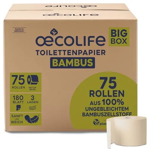 Toilettenpapier XXL-Box Bambus - Hygieneartikel: Nachhaltiges Toilettenpapier aus 100% ungebleichtem Bambus-Zellstoff, 3-lagig, antibakteriell und allergikerfreundlich. 75 Rollen für umweltbewusste Haushalte.