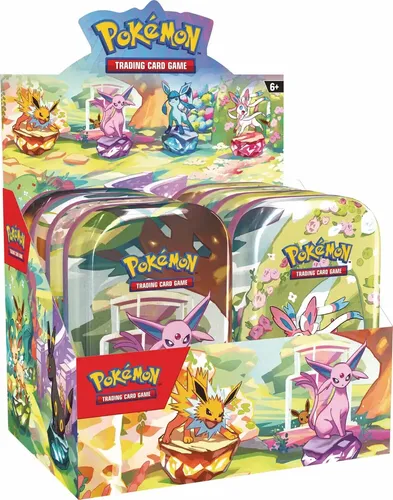 Pokémon Prismatische Entwicklungen Mini Tin Display DE - Versiegeltes Display mit 8 Mini-Tin-Boxen, inklusive 2 Boosterpacks und Evoli-Münze. Perfekt für Pokémon-Sammler, die alle Evolis Entwicklungen entdecken wollen!