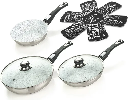 Mont Blanc Pfannen-Set 7-tlg. silber - Pfannen-Set mit 7 Teilen, kochen ohne Fett dank Keramikbeschichtung und Antihaft-Eigenschaften, abnehmbare Griffe für einfache Handhabung.