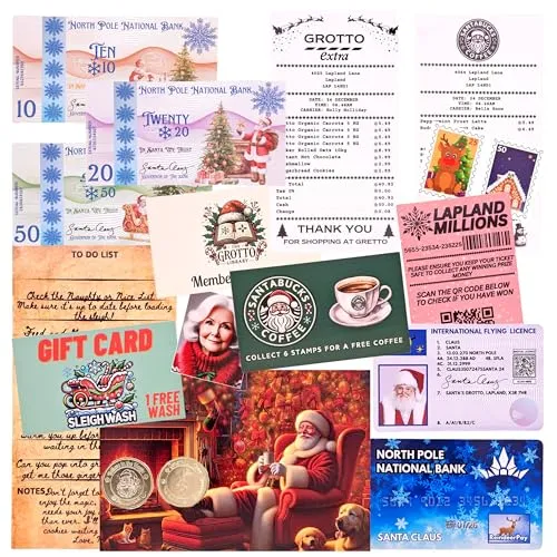 ASVP Shop Santa's Lost Wallet Evidence Kit - Magisches Heiligabend Set mit Bankkarte, Schlittenfliegenschein, Nordpolgeld, Treuekarten, Quittungen & vielen weiteren lustigen Überraschungen