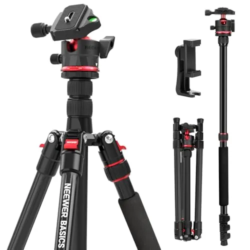 NEEWER Basics 72" / 182cm Reisestativ Einbeinstativ kompakter Leichter tragbarer Kamera Stativ Ständer für Aufnahmen, Arca Typ Kugelkopf, Handyhalterung kompatibel mit iPhone, max. Last 6kg, TP14B