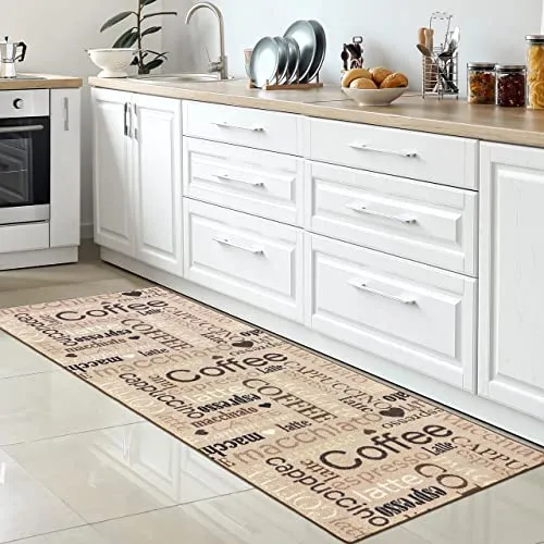 CARPETIA Küchenläufer Coffee Cappuccino Espresso 80x300 cm - Waschbarer und rutschfester Küchenteppich in beige-braun-schwarz. Strapazierfähig und pflegeleicht, ideal für stark frequentierte Bereiche. Geeignet für Fußbodenheizungen, sorgt für Komfort in Ihrer Küche.