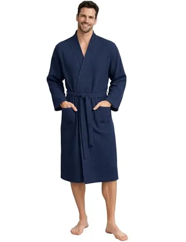 Morgenstern Bademantel Herren Leichter Waffelstoff aus 100% Baumwolle Waffelpique Fernan Blau M
