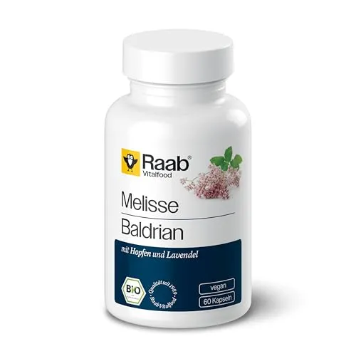 Raab Vitalfood Bio Melisse Baldrian mit Extrakt aus Hopfen, vegan, glutenfrei, natürliches Vitamin C, 28.8 grams