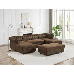 CHESTERFIELD Mehrsitzer-Ecksofa mit Pouffe - Braun - Verleihen Sie Ihrem Wohnzimmer mit dem eleganten CHESTERFIELD Ecksofa und Pouffe einen Hauch von Stil. Der bequeme Mikrofaserbezug und das Vintage-Design sorgen für eine einladende Atmosphäre und sind ideal für gesellige Abende.