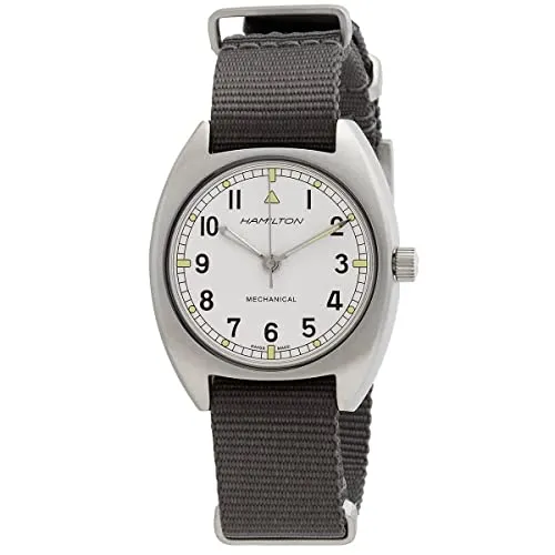 Hamilton Khaki Aviation Pilot Uhr H76419951 mit silbernem Zifferblatt - Elegante Unisex-Armbanduhr mit automatischem Uhrwerk, 100 m wasserdicht und robustem Nylonarmband. Ideal für den täglichen Gebrauch und ergänzt jeden Look.