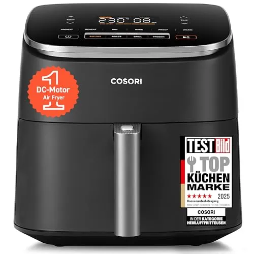 Cosori Turboblaze Airfryer Heißluftfritteuse XXL 6L - Tiegelfritteusen mit 9-in-1 Funktionalität und leisem DC Motor für knusprige Ergebnisse. 64% energiesparend und 87 Rezepte für vielseitigen Genuss.