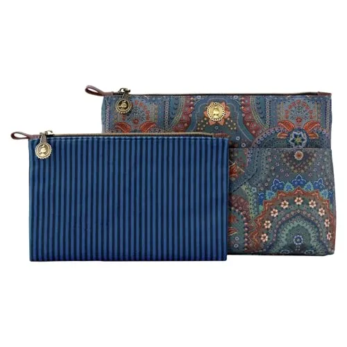PiP Studio Caryn Kosmetiktasche Combi Jabali blau 26cm - Kosmetiktasche mit exotischem Jabali-Muster, hochwertigem Satin-PVC-Mix und praktischem Reißverschluss – ideal für stilbewusste Reisende.