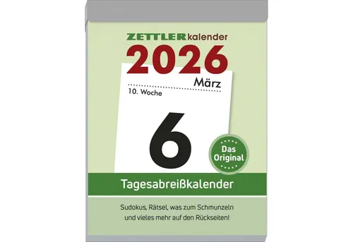 Zettler Tagesabreißkalender XL 2026 - Kalender mit 1 Tag/1 Seite, Maße: 8,2x10,7cm, inklusive Sudokus, Rezepten und Rätseln auf den Rückseiten für tägliche Unterhaltung.