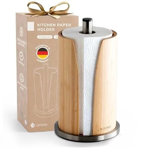 Exitoso Küchenrollenhalter ST Pole - Stilvolle Aufbewahrung für Ihre Küchenrolle - Küchenrollenhalter aus nachhaltigem Bambus mit robuster Edelstahlhalterung, ideal für Küche, Bad oder Büro – praktisch und platzsparend!