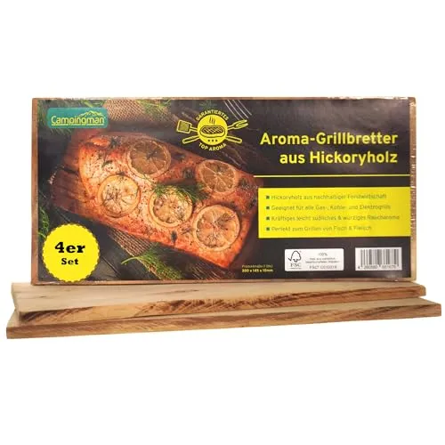 Campingman XXL Räucherbretter aus Hickoryholz 4er Pack – Aroma Grillbretter & Räucherplanken für Fisch, Fleisch & BBQ – Für Gas-, Kohle- & Elektrogrill – Würziges Raucharoma – 300x145x10 mm