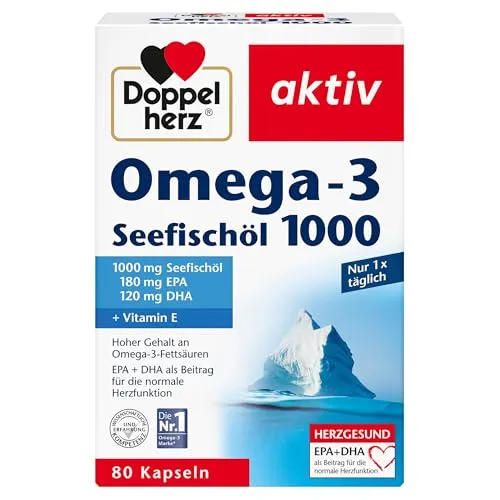 Doppelherz Seefischöl Omega-3 1000 Kapseln - Fischölpräparate mit 300 mg Omega-3-Fettsäuren, unterstützen die normale Herzfunktion und schützen die Zellen vor oxidativem Stress. Gluten- und laktosefrei, ideal für die tägliche Ergänzung.