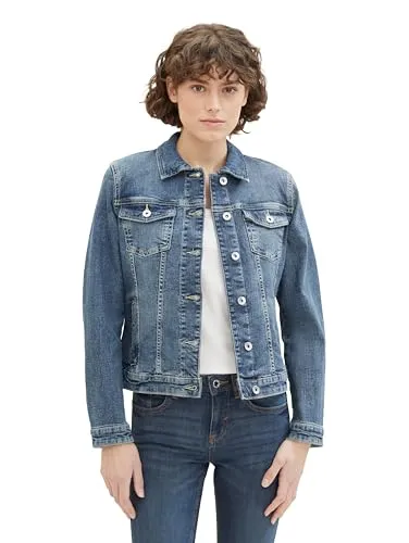 TOM TAILOR Damen Basic Jeansjacke, 10120 - Used Dark Stone Blue Denim, M - Funktionsjacken: Klassische Jeansjacke mit Brust- und Eingrifftaschen, ideal als Übergangsjacke, aus weicher Baumwolle mit Stretch für optimalen Tragekomfort.