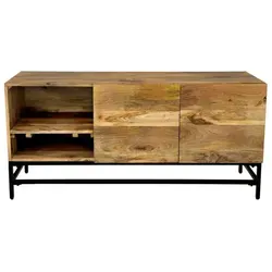 Fernsehtisch Gita 130x60x45 aus Mango-Massivholz - TV-Halterungen im Industrial Style, aus hochwertigem Mangoholz gefertigt, mit offenen Fächern und verschließbarem Schränkchen für optimalen Stauraum.