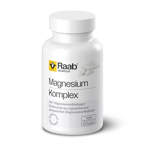 Raab Vitalfood Magnesium Komplex Kapseln (60 Stück) - Vegan & Glutenfrei - Magnesiumpräparate mit 7 hochwertigen Verbindungen zur Unterstützung von Muskeln, Knochen und Nerven. Ideal dosiert mit 250 mg pro Tagesration, perfekt für eine ausgewogene Ernährung.