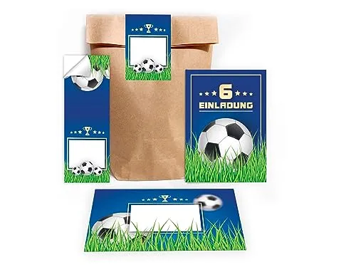 Limonia 12 Einladungskarten zum 6. Kindergeburtstag Fußball Einladung Geburtstag Mädchen Kinder Jungs Jungen Boys Fussball Turnier incl. 12 Umschläge, 12 Tüten, 12 Aufkleber