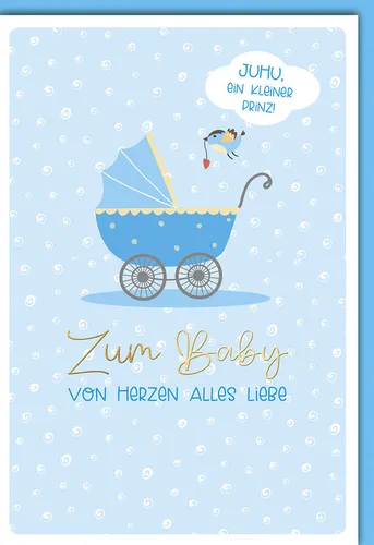 Geburt - Baby - Glückwunschkarte im Format 11,5 x 17 cm - Kinderwagen Prinz