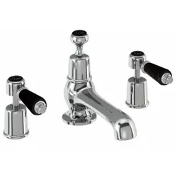 Casa Padrino Luxus Waschtischarmatur Silber/Schwarz - Elegante Dreilochbatterie aus verchromtem Messing mit Keramikelementen. Pflegeleicht und langlebig, ideal für stilvolle Badezimmer. Hochwertige Verarbeitung aus der exklusiven Casa Padrino Kollektion.