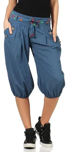 Malito Damen Haremshose – Jeansblaue Pumphose aus Baumwolle - Damen-Shorts: Leichte, luftige Hose mit dehnbarem Bund und Stoffgürtel – ideal für Sport, Freizeit und warme Tage.