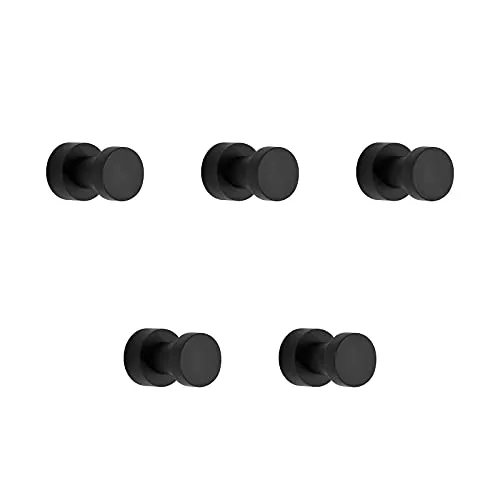BVL Matte Schwarz Handtuchhaken, 5 Stück Aluminium Metall Wandhaken, Self Adhesive or Wall Mountable Kleiderhaken für Bad Küche