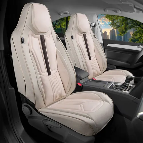 VW Tiguan 1 5N Schonbezüge in Beige DS4 - Sitzbezüge für VW Tiguan, einfach zu installieren, atmungsaktiv und waschbar, idealer Schutz für vordere Sitze mit Airbagkompatibilität.