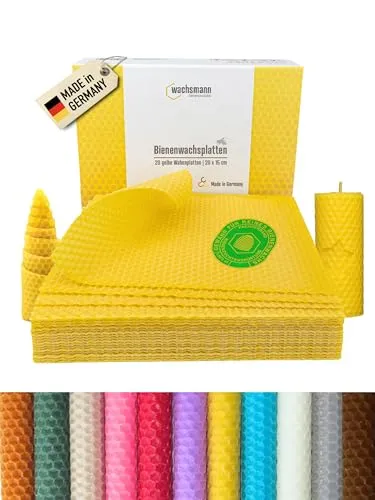 Wachsmann Bienenwachsplatten - 20 Stück, 100 % reines Bienenwachs aus Deutschland, ideal zum Kerzen selber machen mit herrlichem Honigduft